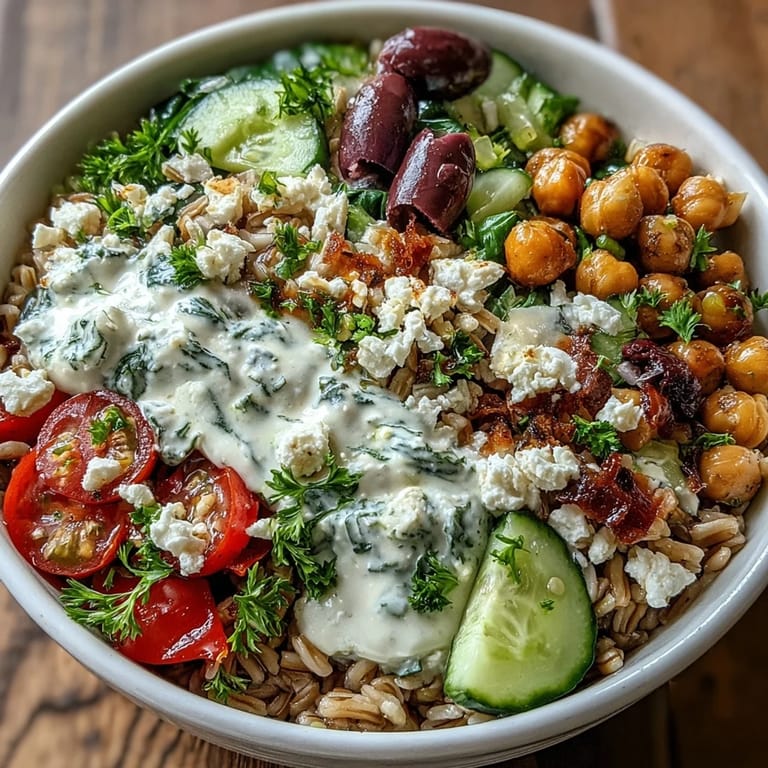 Plated Mediterranean Farro Bowl featuring bell pepper, red onion, and creamy tahini dressing for a weeknight meal.