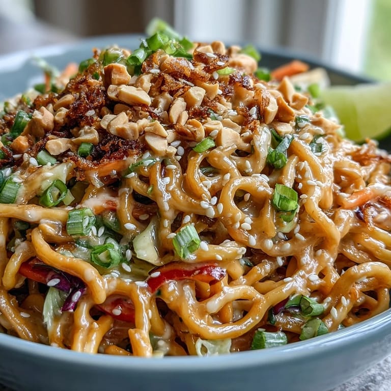Close-up of an Asian Peanut Noodle Bowl, highlighting the glossy peanut dressing clinging to the noodles, fresh cilantro leaves, and crisp bean sprouts, with lime wedges on the side for a bright garnish.