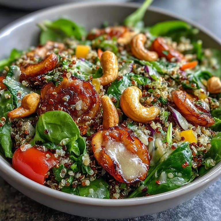 A freshly tossed Rainbow Salad Bowl featuring chickpeas, black beans, and a zesty lemon dressing drizzled over greens.