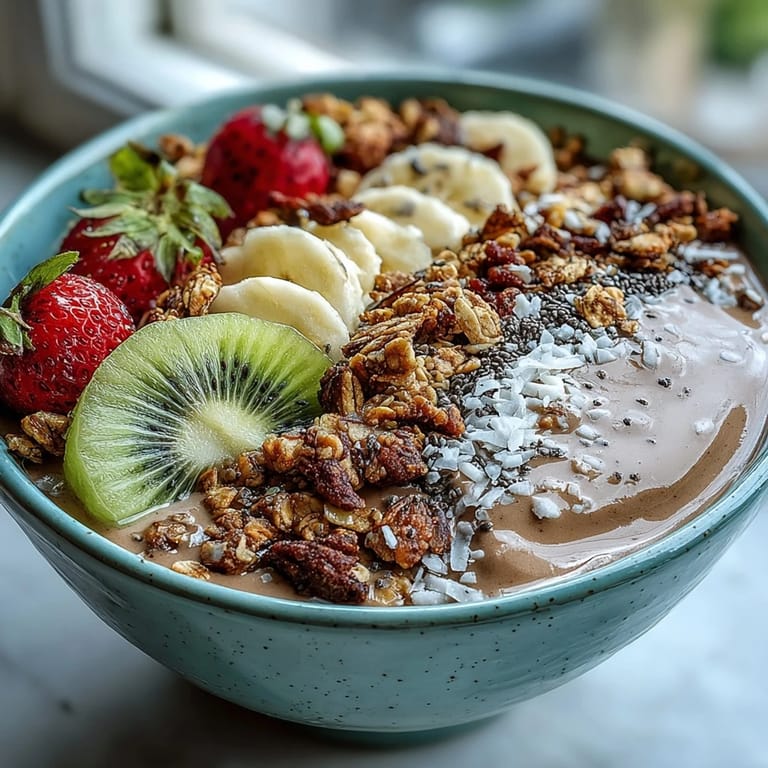 Earthy roasted green tea flavor in a hojicha smoothie bowl with crunchy granola and sweet fruit.