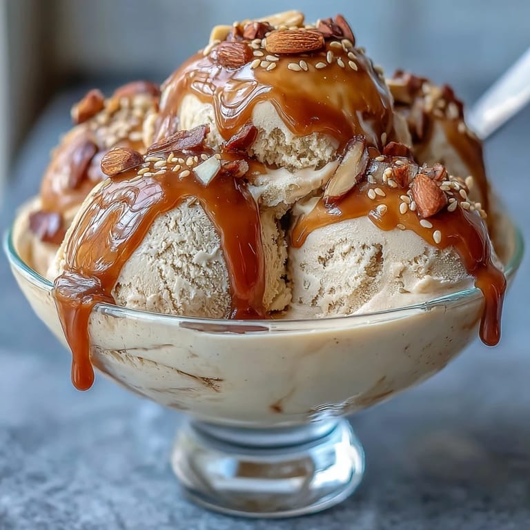 Crushed almonds and toasted sesame seeds garnish a rich, warm Hojicha Affogato dessert with vanilla ice cream.