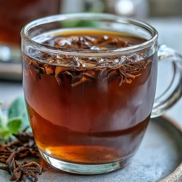 A freshly brewed Hojicha Americano beside loose roasted tea leaves and a bamboo scoop. 