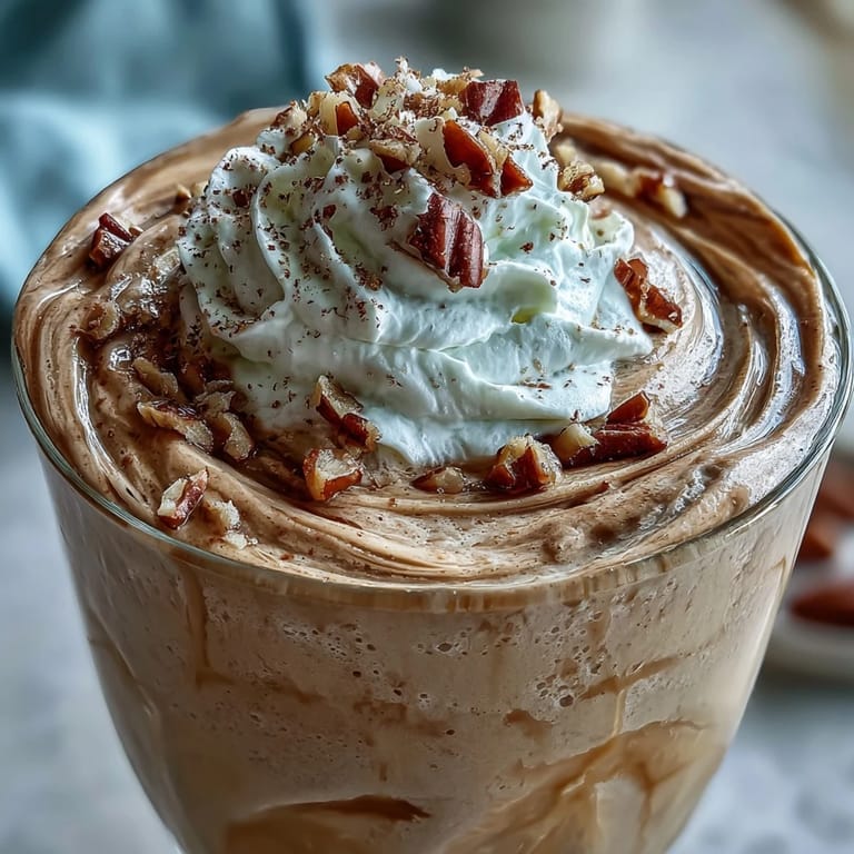 A close-up of frothy Hojicha milkshake with a dusting of roasted tea powder.
