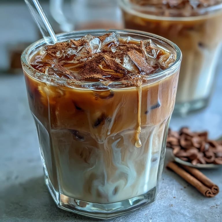 Close up of Iced Hojicha with Cinnamon, highlighting the rich brown hue and floating ice cubes in a Japanese fusion drink.