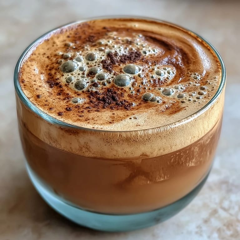 A freshly poured Hojicha Cappuccino topped with a sprinkle of roasted tea powder beside a pastry.