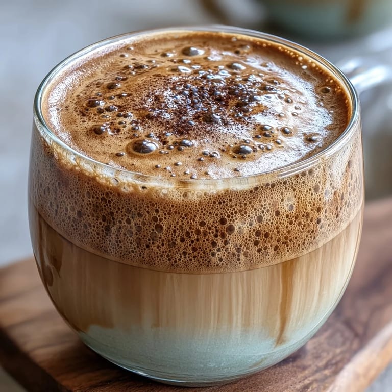 Warm Hojicha Cappuccino served in a glass mug revealing layered steamed milk and toasted tea.