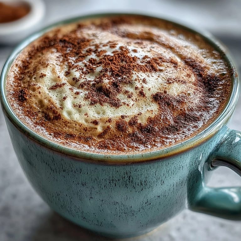 Close-up of Hojicha Flat White topped with creamy microfoam, perfect for a cozy coffee break.
