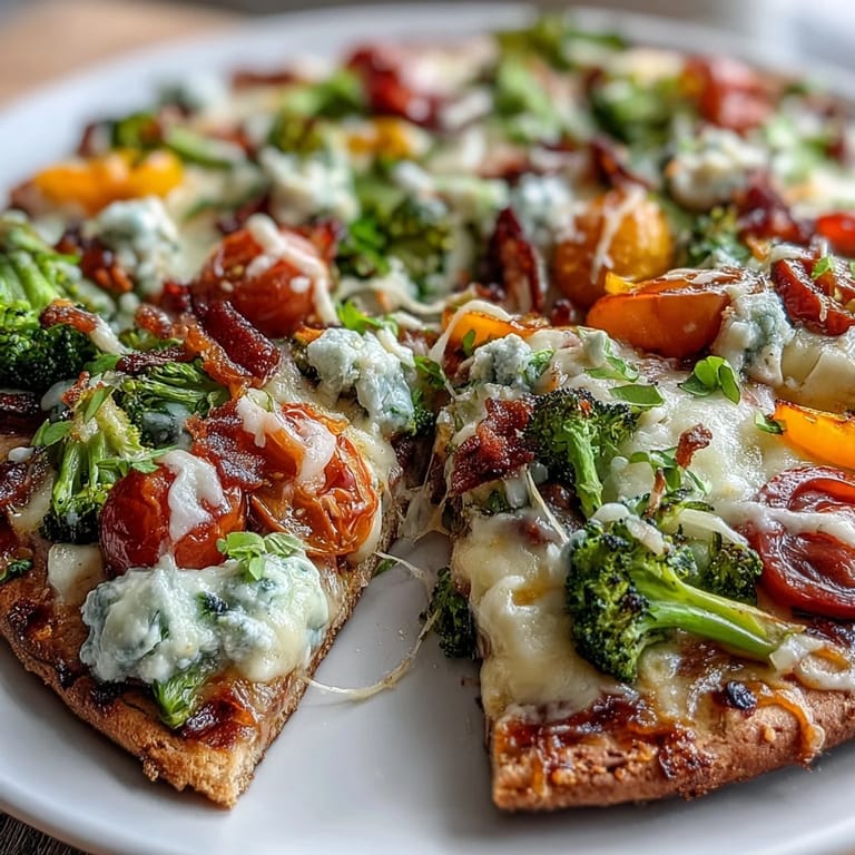 Festive rainbow veggie flatbread pizza features fresh tomatoes, peppers, broccoli, and purple cabbage atop melted mozzarella and feta cheeses.