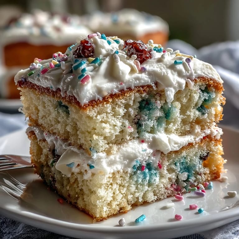 Slice of Spring Funfetti Cake reveals rainbow sprinkles inside, frosted with creamy pastel buttercream for a whimsical spring dessert.
