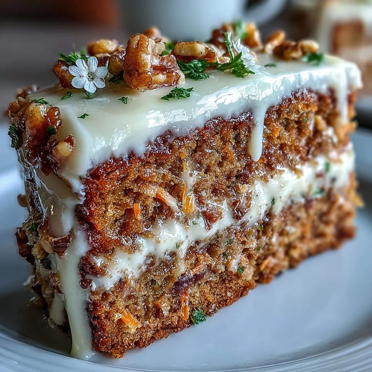 Spiced carrot cake layers filled and frosted with tangy cream cheese, studded with crunchy walnuts and fresh carrots for a classic spring treat.