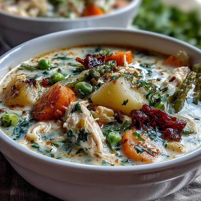 Slow Cooker Chicken Pot Pie Soup with shredded chicken, carrots, and peas in a velvety, herb-infused cream base.