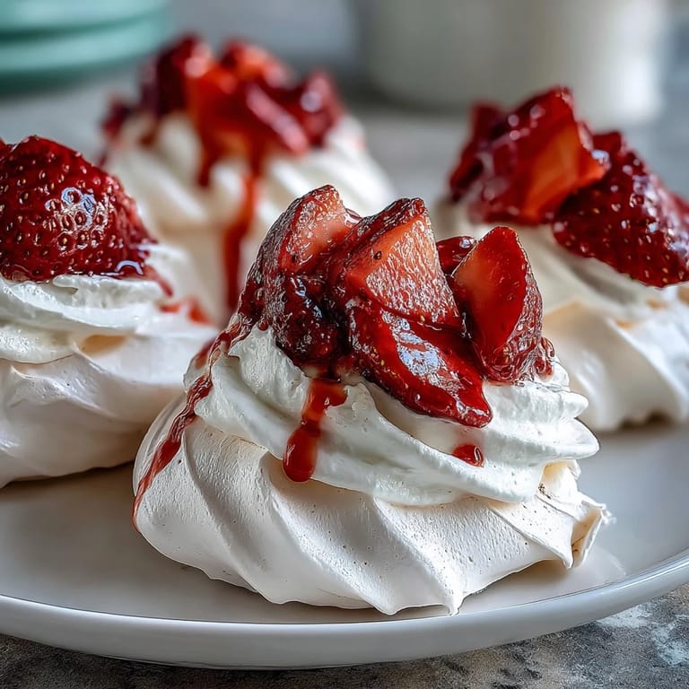 Delicate mini pavlovas topped with sweet strawberries and light vanilla whipped cream, ideal for elegant spring desserts.  