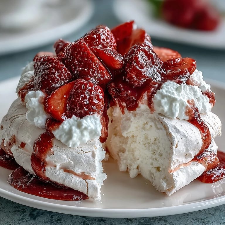 Golden-brown meringue nests cradling billowy cream and vibrant strawberries, a classic Australian dessert with gluten-free appeal.