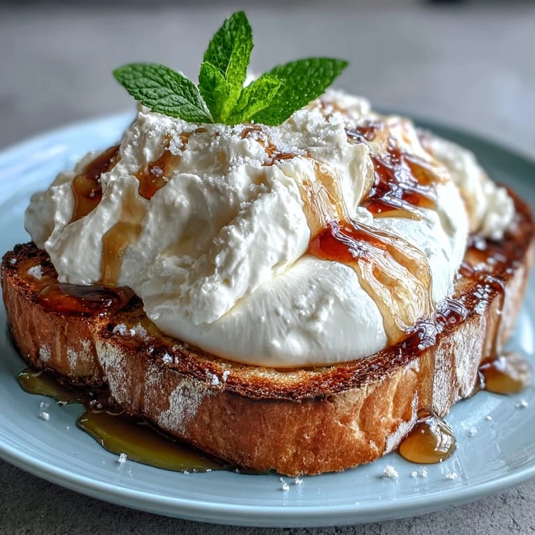 Creamy burrata and ripe peach slices on toasted bread, drizzled with honey and olive oil for a fresh spring brunch.