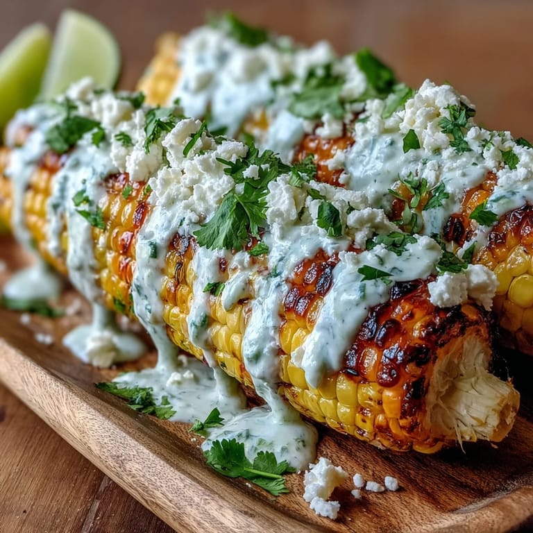 Warm, tender corn cobs smothered in tangy mayo-lime sauce, sprinkled with Cotija cheese and fresh cilantro.