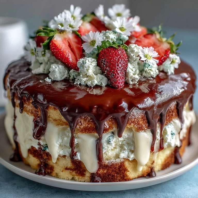 Vibrant strawberry layer cake with white chocolate drip and delicate edible blossoms, perfect for elegant gatherings and festive springtime events.