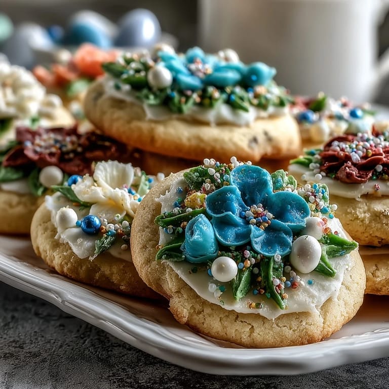 Buttery shortbread cookies cut into flower shapes and decorated with vibrant royal icing, ideal for festive spring gatherings.