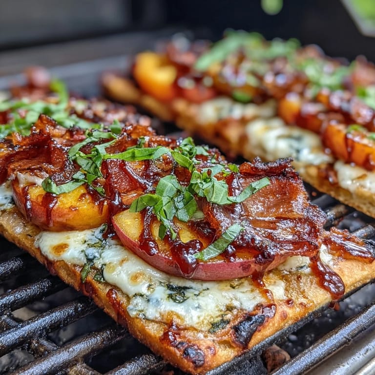 Smoky grilled peaches and creamy Brie cheese melt over BBQ-sauced flatbread, finished with red onion and herbs.