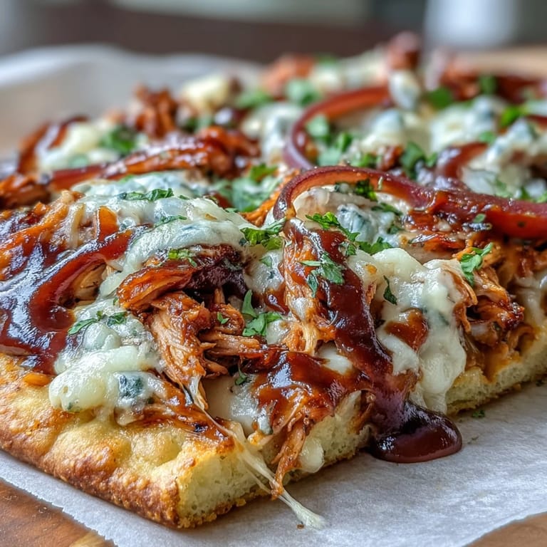 Delicious BBQ Chicken Flatbread Pizza topped with red onions, bell peppers, and jalapeños for a spicy summer meal.  