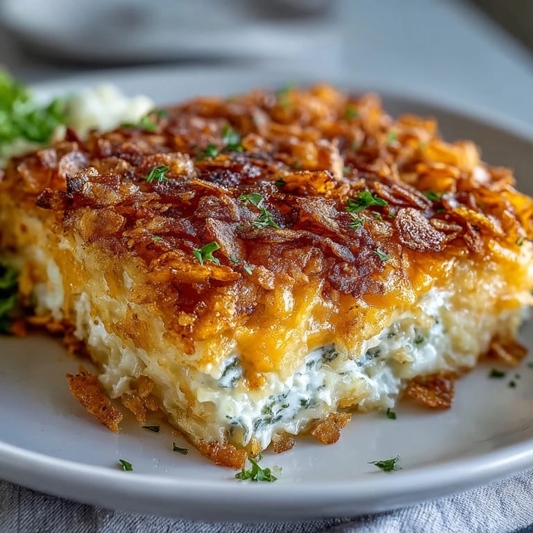 Creamy hash brown casserole with melted cheese and a crunchy cornflake crust, perfect for Easter brunch.