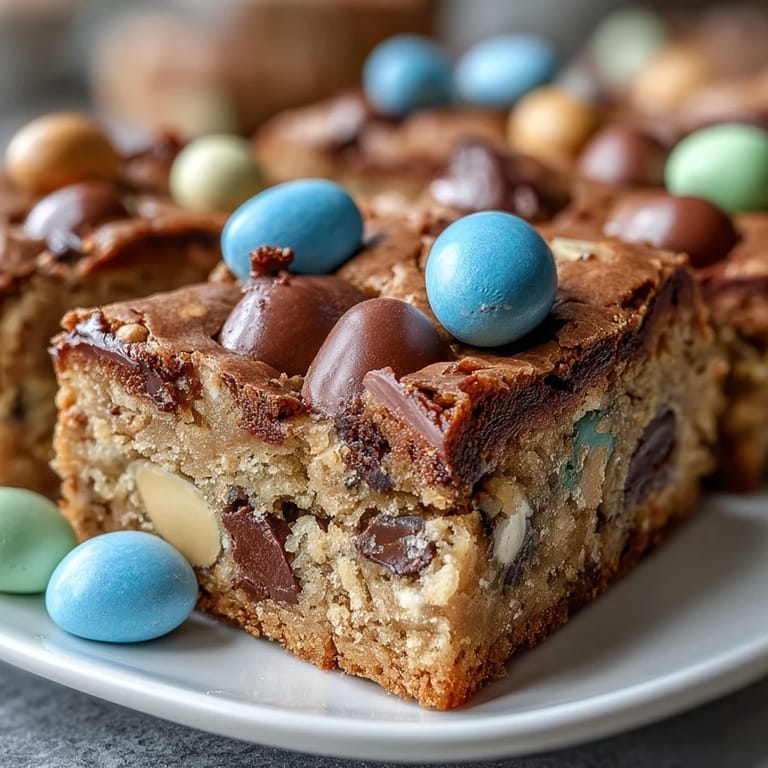 Soft, chewy peanut butter cookie bars topped with pastel Easter egg candies for a festive springtime treat.