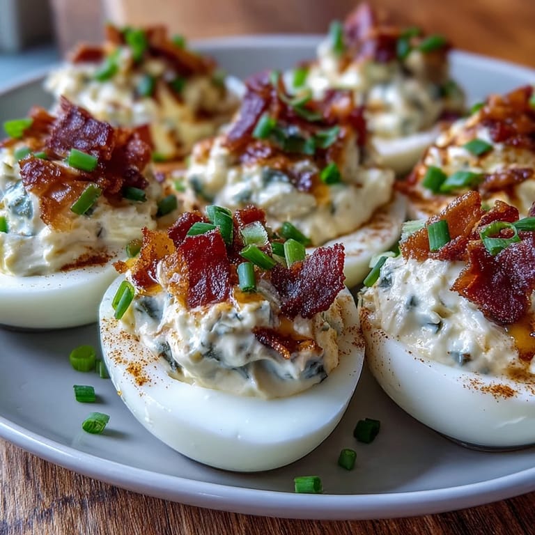 Crispy bacon-topped jalapeño popper deviled eggs with smooth cream cheese filling and spicy jalapeño garnish.
