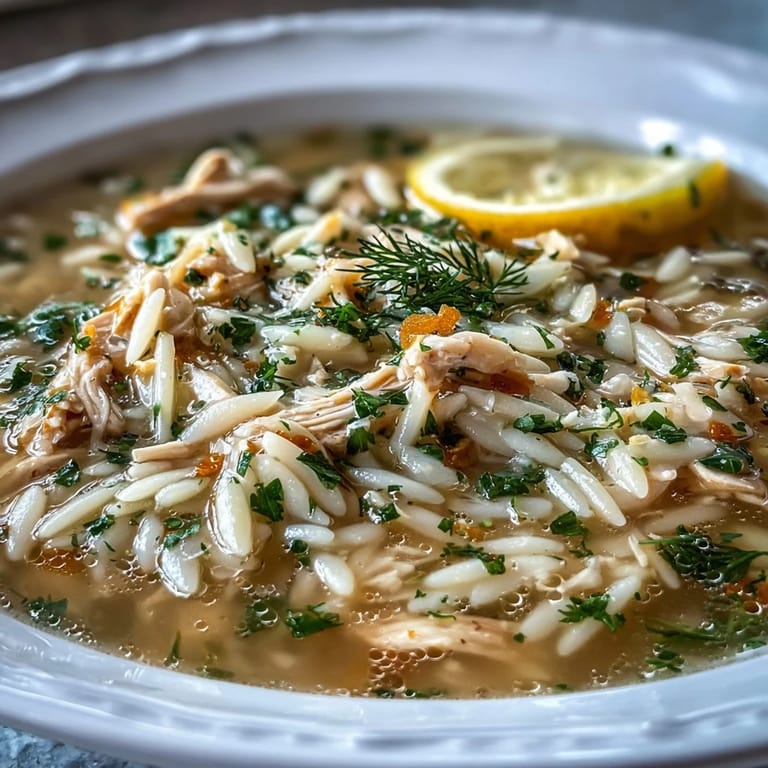 Savory Greek Lemon Chicken Soup, rich with orzo and fresh herbs.