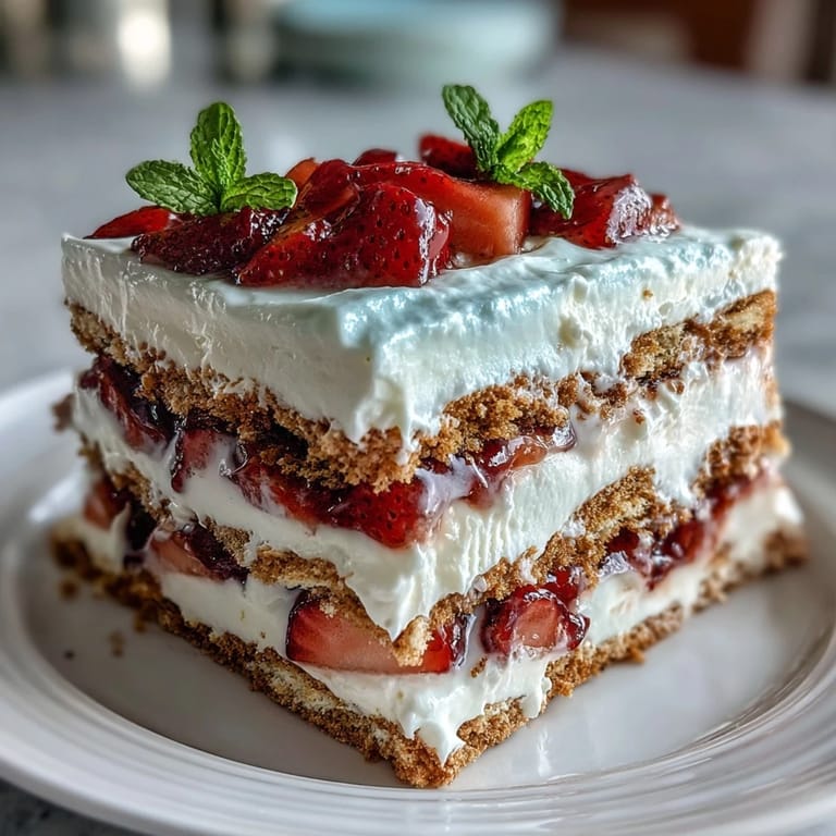 Deliciously layered no-bake icebox cake with sweet strawberries, ready for serving.