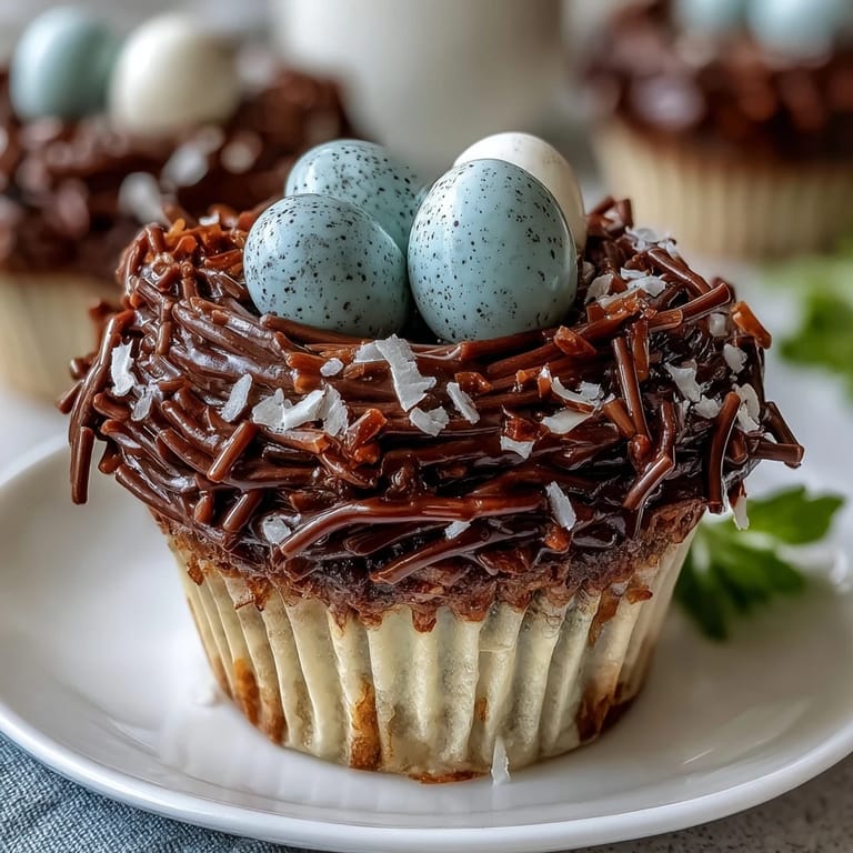 Decadent chocolate Easter Nest Cupcakes, beautifully decorated with nests and bright candy eggs.