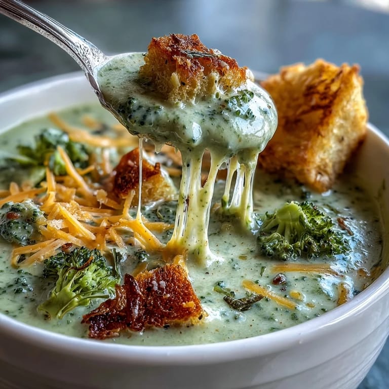 Hearty Broccoli Cheddar Soup, a smooth, emerald green dish with visible cheesy swirls.