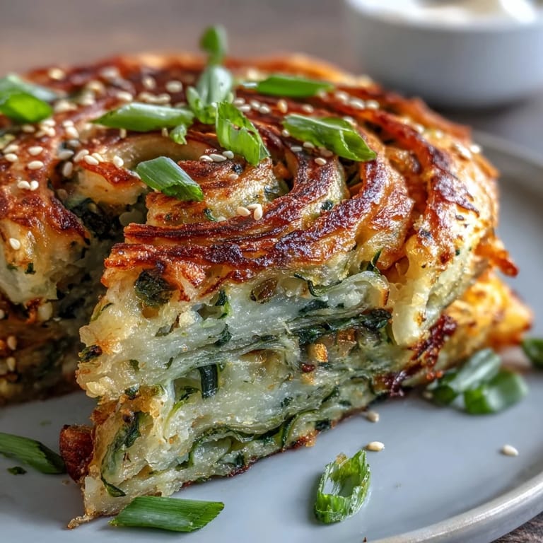 Close-up of freshly fried, aromatic Spring Onion Pancakes with delicate layers.