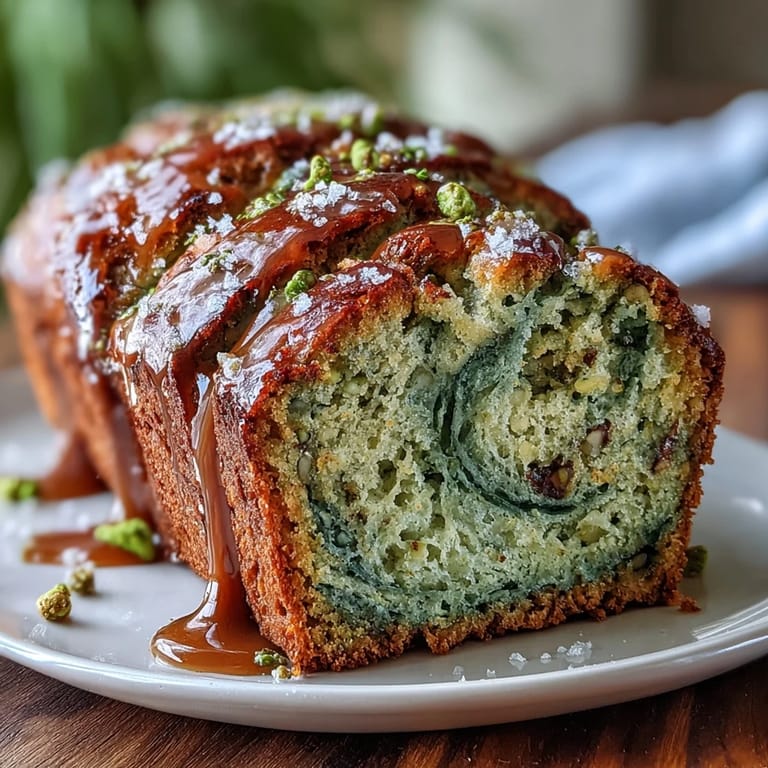 Beautifully swirled matcha banana bread, showcasing vibrant green and golden hues.
