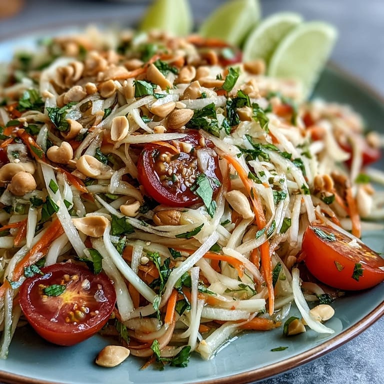 Crisp Som Tam salad showcasing green papaya, peppery chilies, and nutty peanuts.