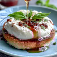 Honey peach burrata toast with golden sourdough, juicy peaches, and honey drizzle for a vibrant spring brunch.
