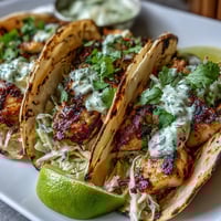 Zesty grilled fish tacos with coconut-lime marinade, topped with crunchy red cabbage slaw and tangy crema in warm tortillas.