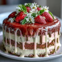 Elegant floral drip cake with strawberry frosting, white chocolate ganache, and fresh edible flowers for a stunning spring celebration dessert.