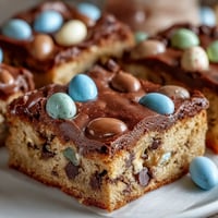 A tray of peanut butter Easter egg cookie bars with colorful candy eggs and gooey chocolate chips.