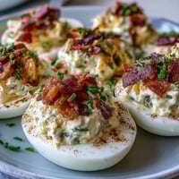 Spicy jalapeño popper deviled eggs with cream cheese, bacon, and jalapeño garnish on a white platter.