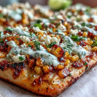 Festive Cinco de Mayo Street Corn Flatbread, topped with charred corn and jalapeño crema.