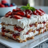 No-bake icebox cake glistening with fresh strawberries and creamy layers.