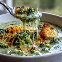 Creamy Broccoli Cheddar Soup recipe with melted sharp cheese, visually appealing and comforting.