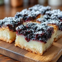 Vibrant blackberry lemon bars on a golden shortbread crust, perfect for dessert.
