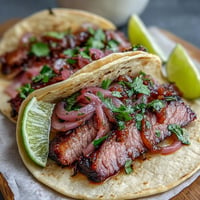 Smoked brisket tacos with pickled red onion, a savory bite.